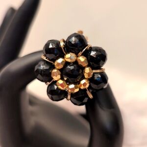 Vintage Black and Gold Tone Beaded Cluster Clip On Earrings